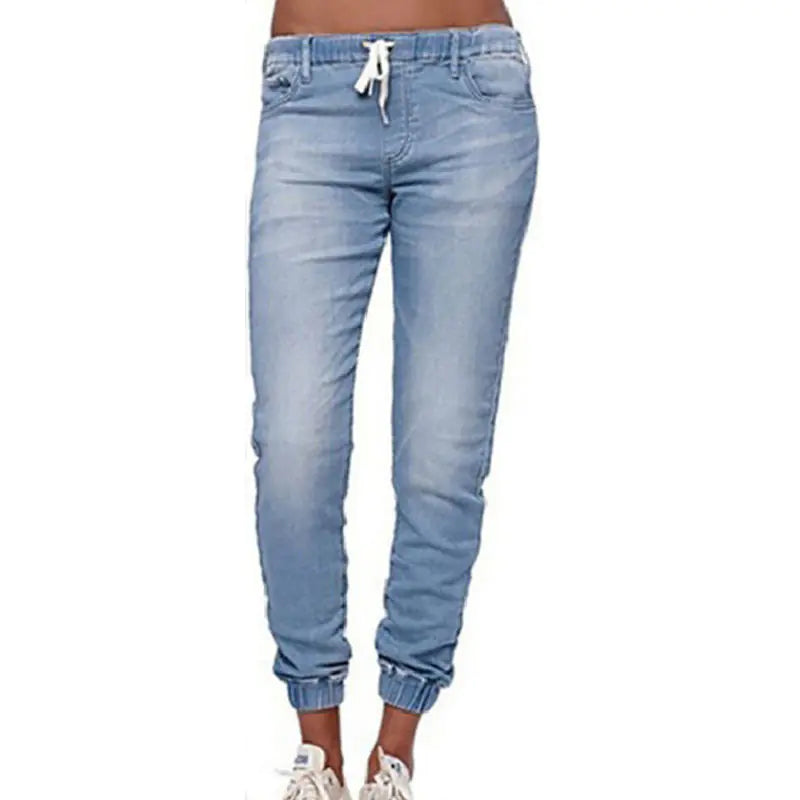 Women's Light Wash Denim Jogger Pants with Drawstring Waist - Image 24