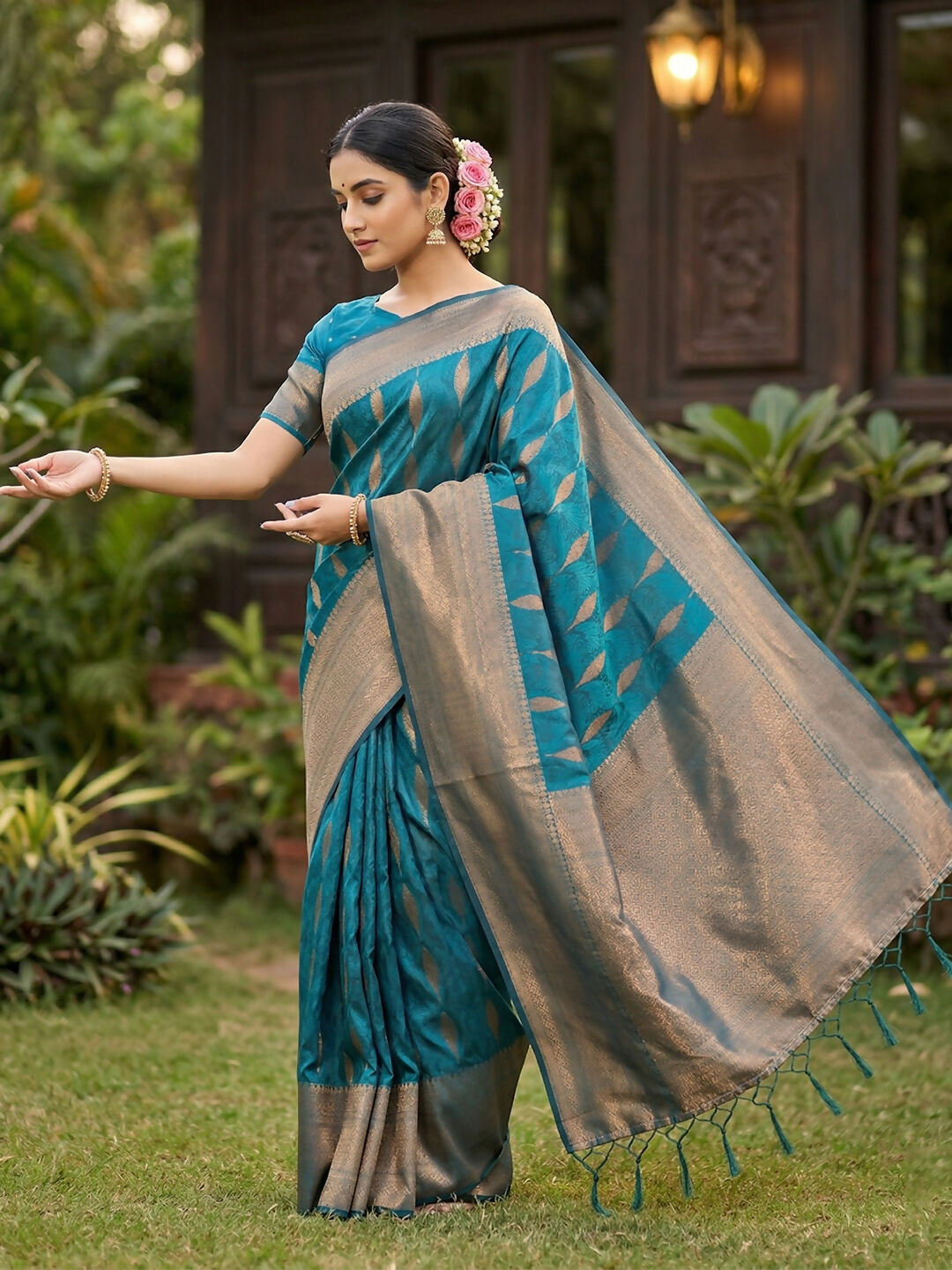 Rama Blue Silk Blend Saree for Festive Occasions