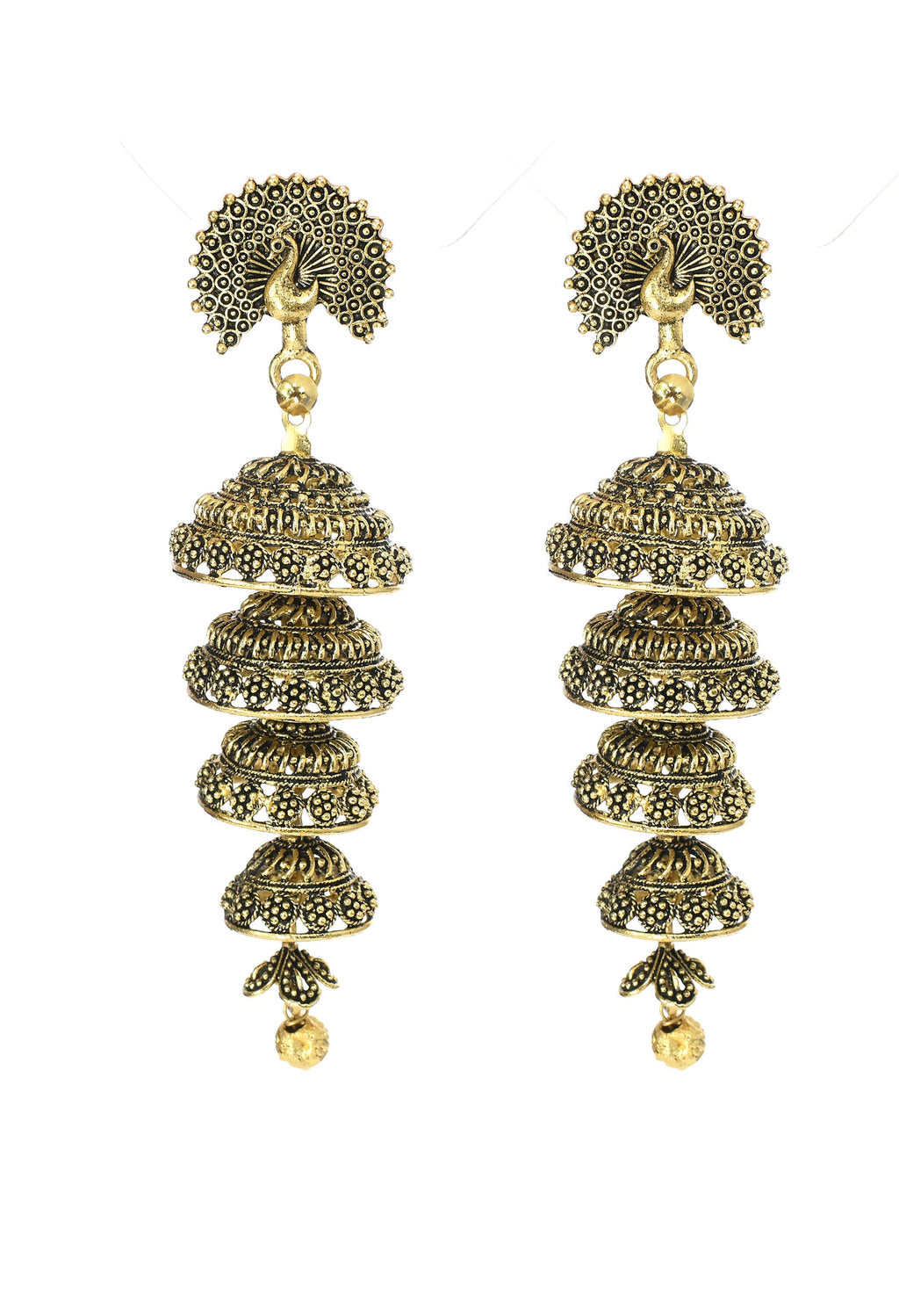 Golden peacock-themed earrings featuring intricate traditional detailing
