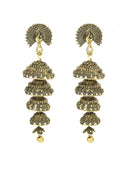 Golden peacock-themed earrings featuring intricate traditional detailing