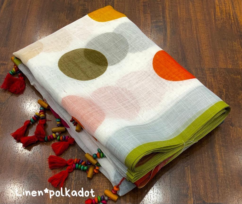 White Pure Linen Saree with Polka Dots and Weaving Border
