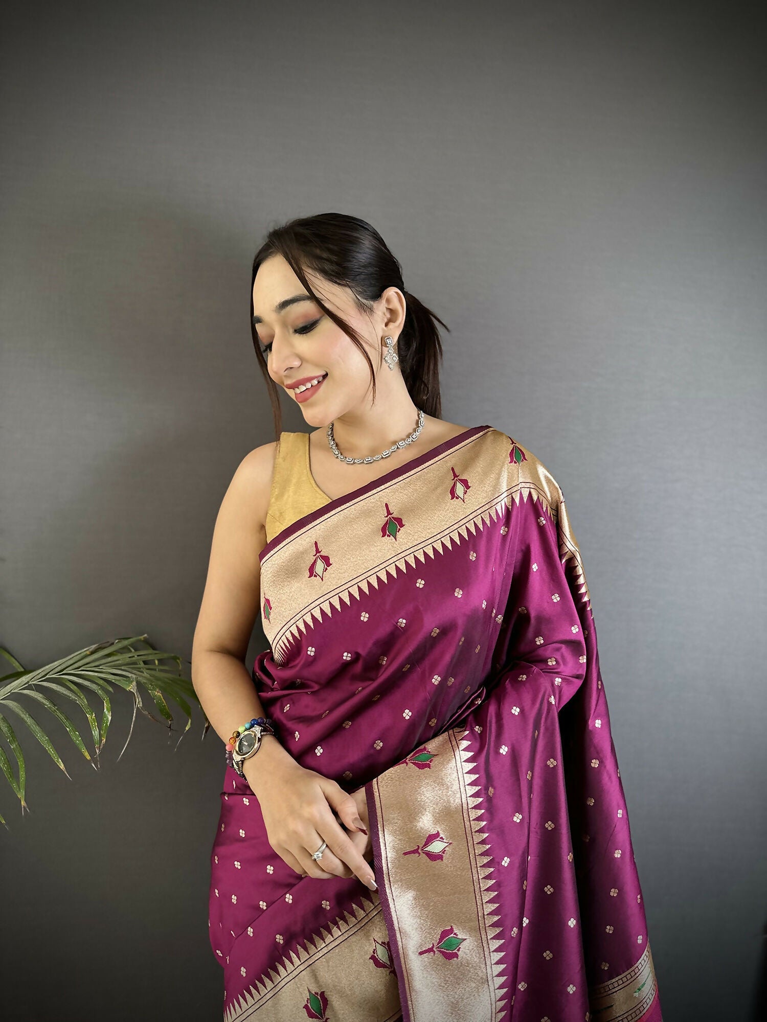 Wine Peacock & Floral Motif Soft Lichi Silk Kanchipuram Saree