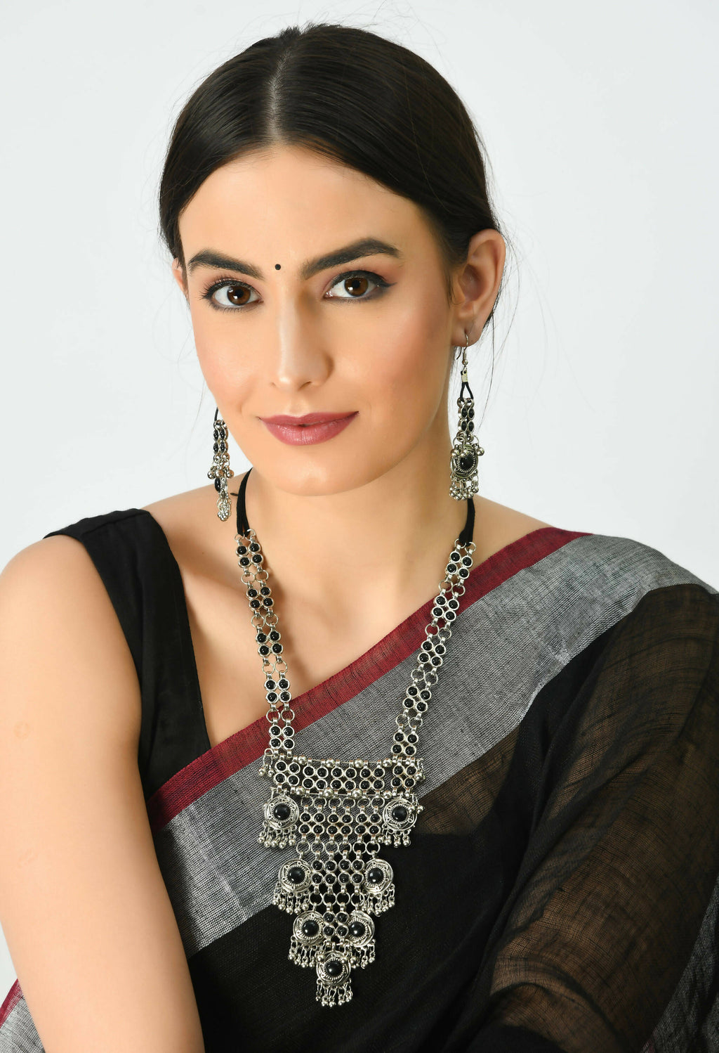 Black Kundan Afghani Long Necklace in Oxidised Silver Finish