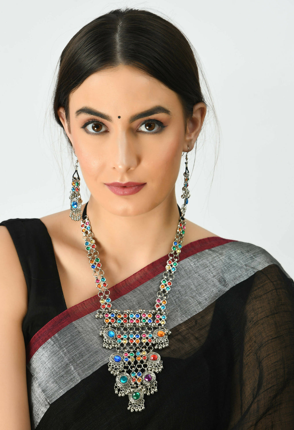 Multi Kundan Afghani Long Necklace in Oxidised Silver Finish