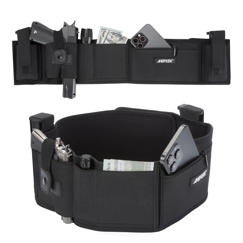 AGPTEK Belly Band Holster for Concealed Carry Holster with Zip Pocket & Removable Pouches – Adjustable for Adult Fits Most Pistols and Revolvers Perfect for Everyday Use Outdoor Activities(BlackM)