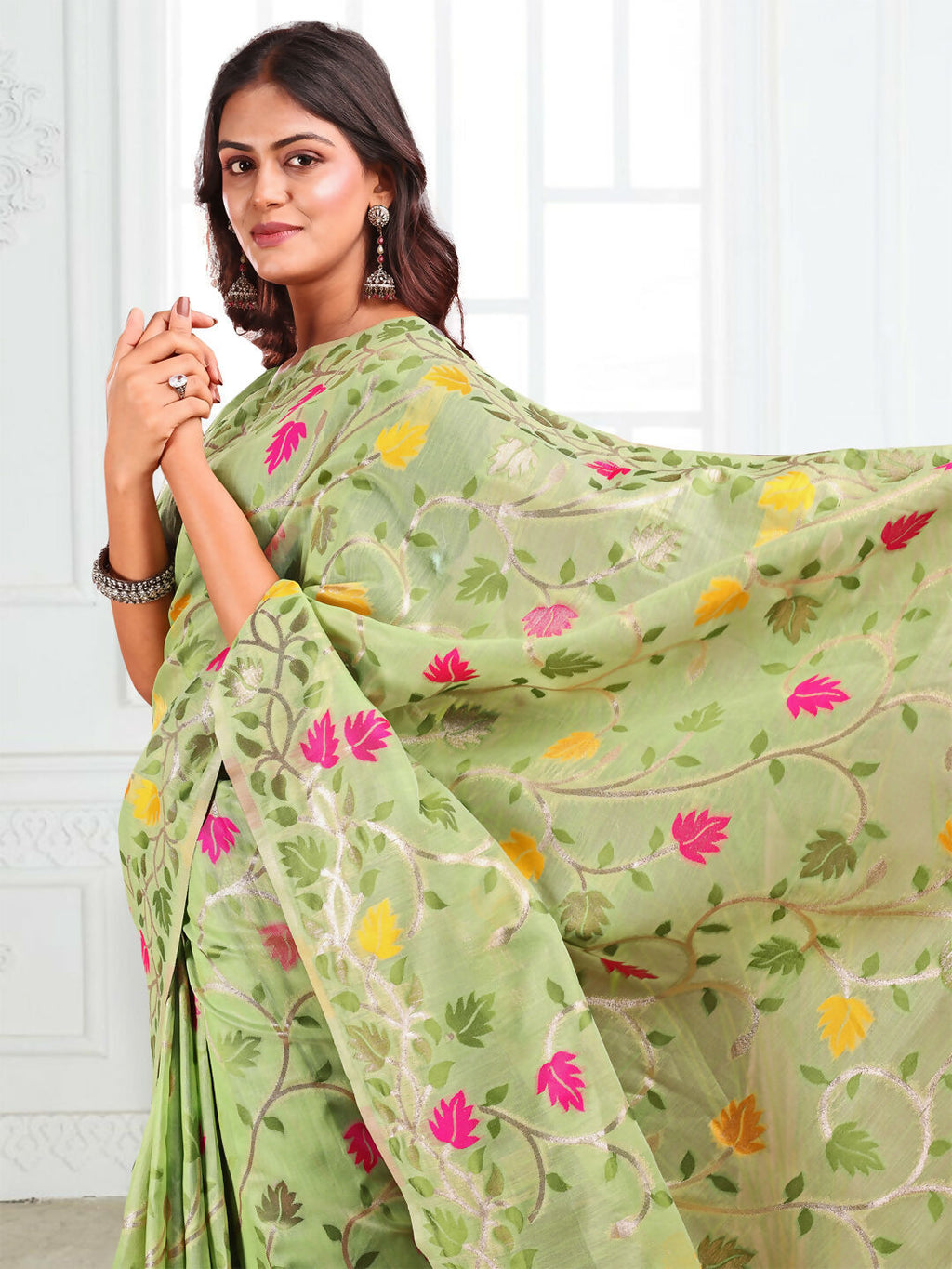 Light Green Linen Cotton Saree with Matching Blouse