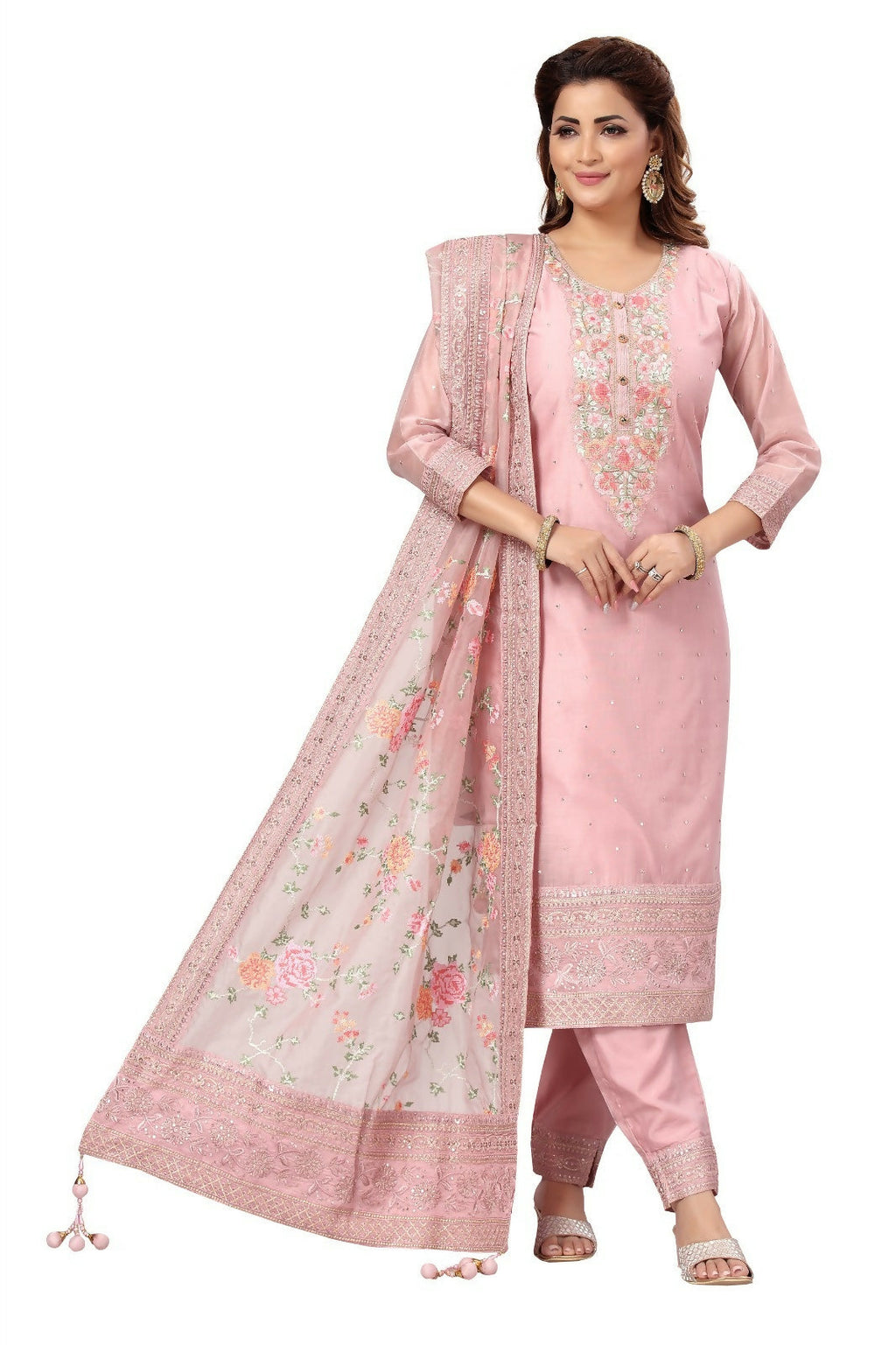Beautiful Pink Chanderi 3-piece ethnic Kurta Set