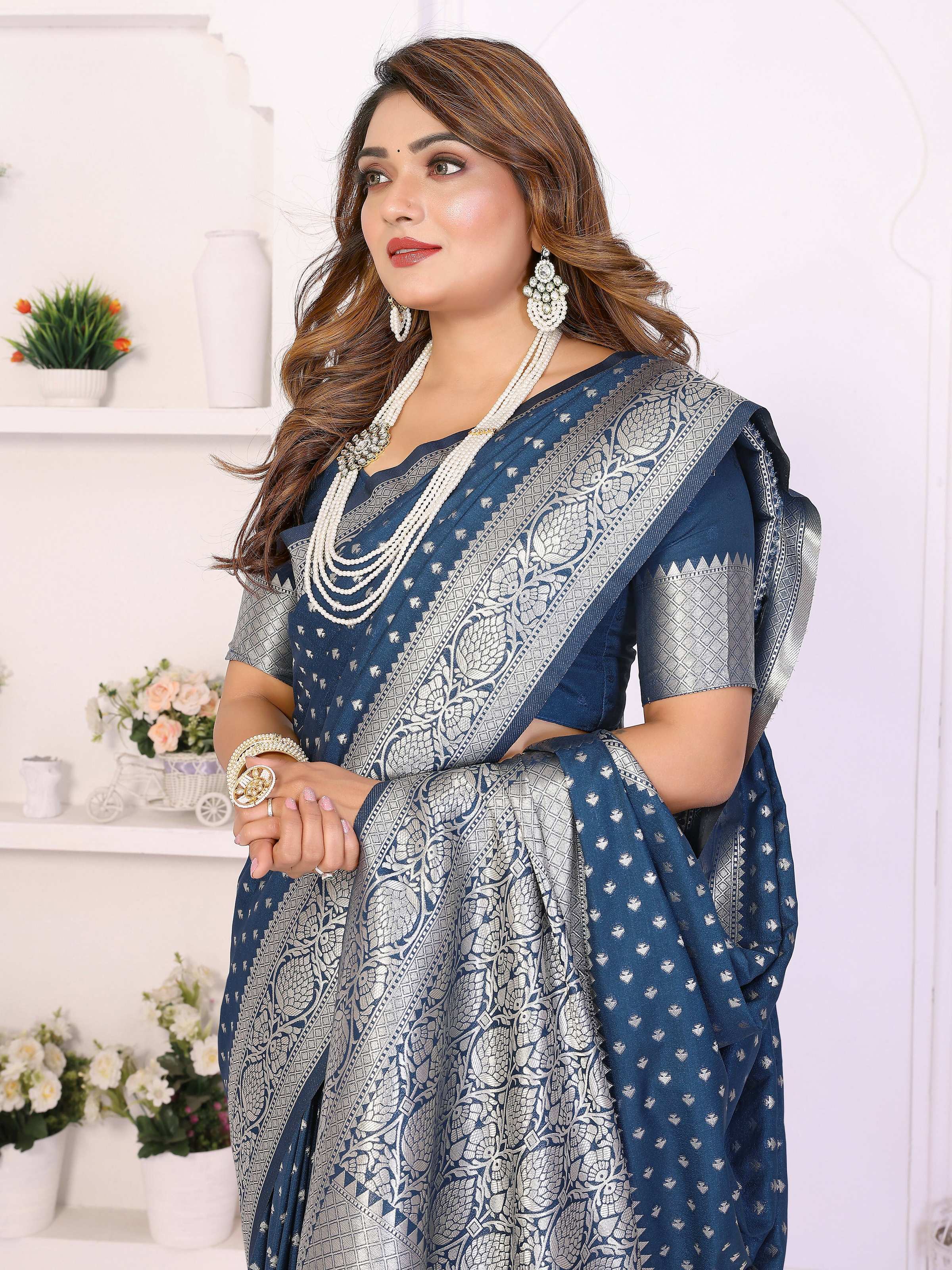 Navy Blue Georgette Silk Saree with Zari Weaving Details