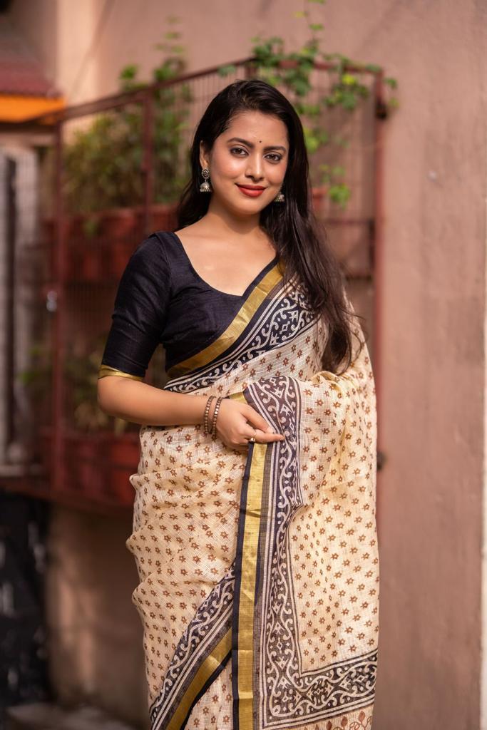 Cream Silk Blend Geometric Print Saree with Pattu Border