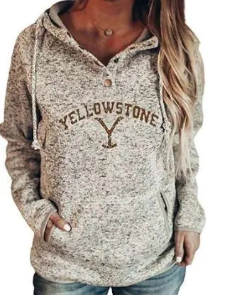 Women Grey Yellowstone Dutton Ranch Graphic Hooded Pullover Sweater - Image 29