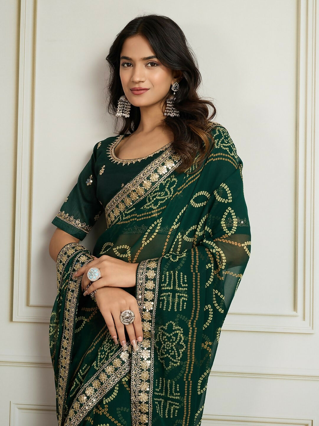 Dark Green Georgette Rajwadi Bandhani Print Saree
