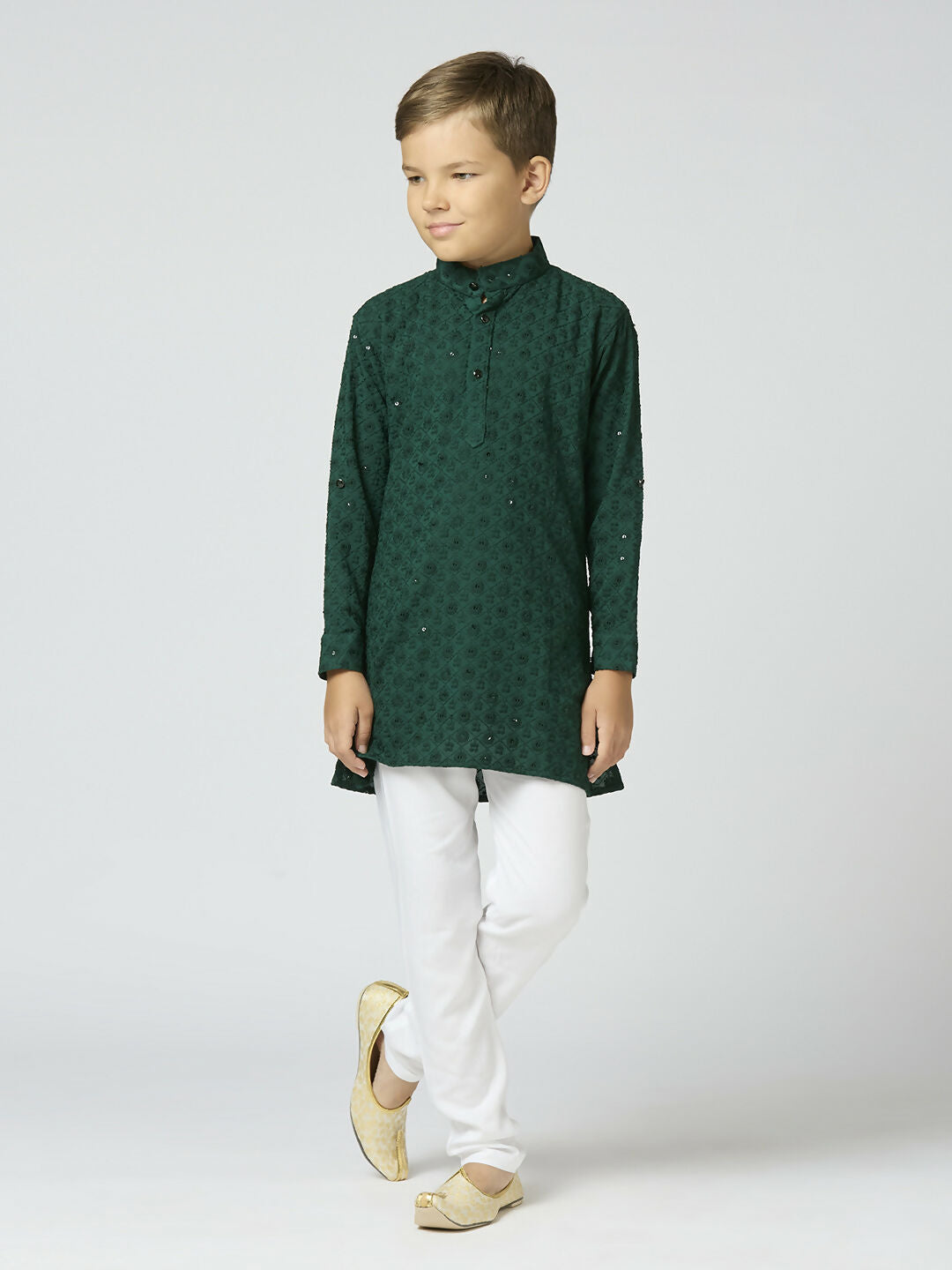 Boys Green Cotton Kurta and Pyjama Set with Sequin Embroidery