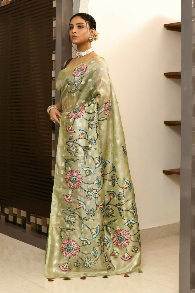 Green Tissue Saree with Zari Buti and Contrast Blouse