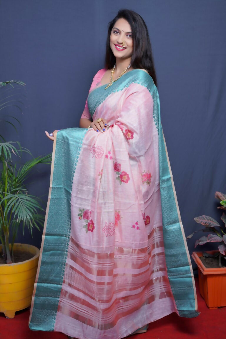 Teal Linen Silk Saree with Digital Print and Jacquard Border