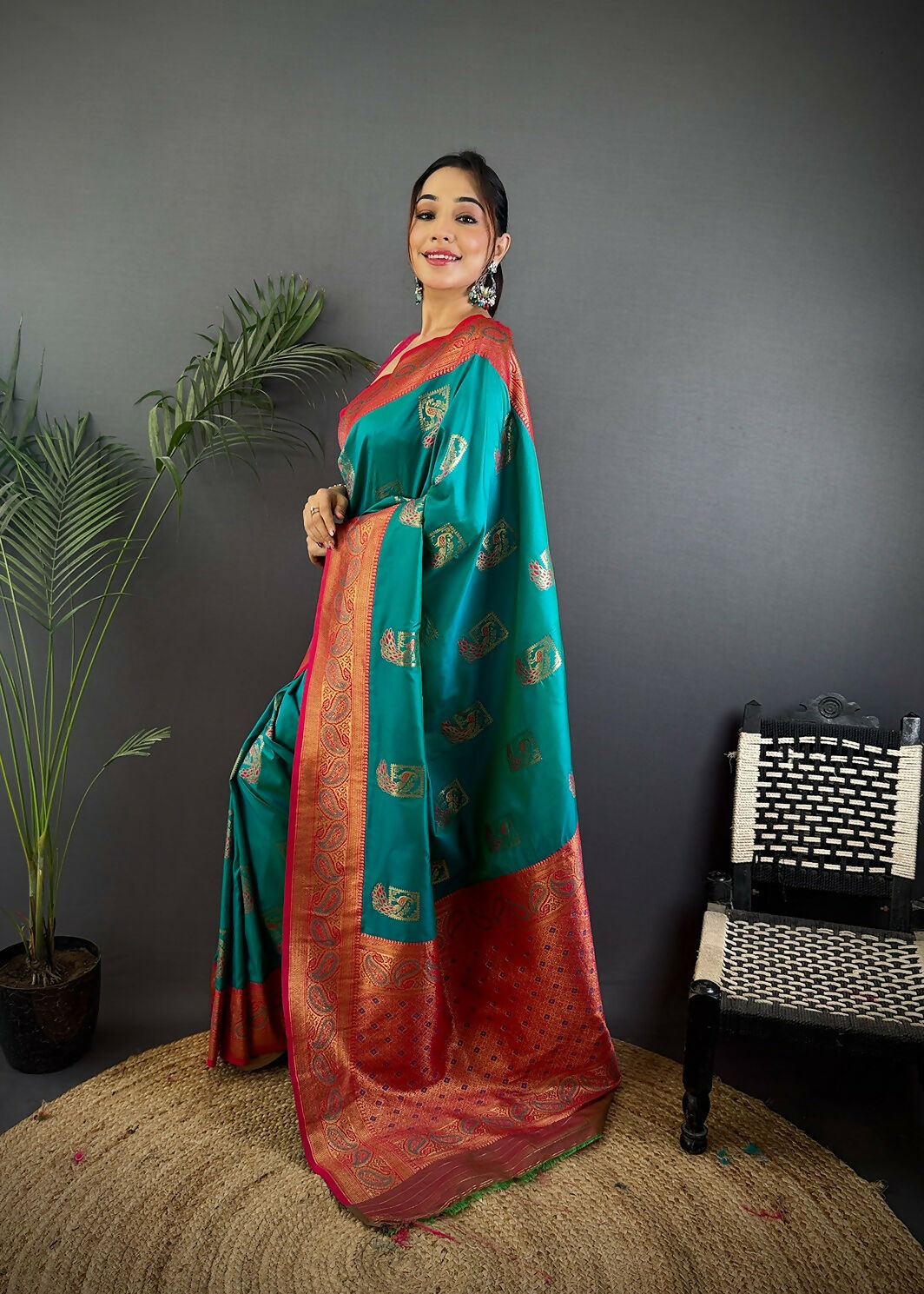 Maroon Peacock Motif Banarasi Soft Silk Saree with Blouse