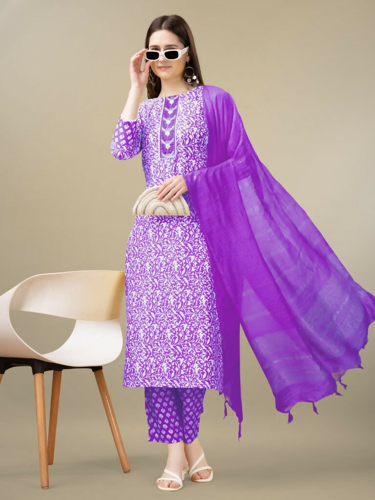 Purple Rayon Straight Kurta Set with Embroidery and Sequence Work