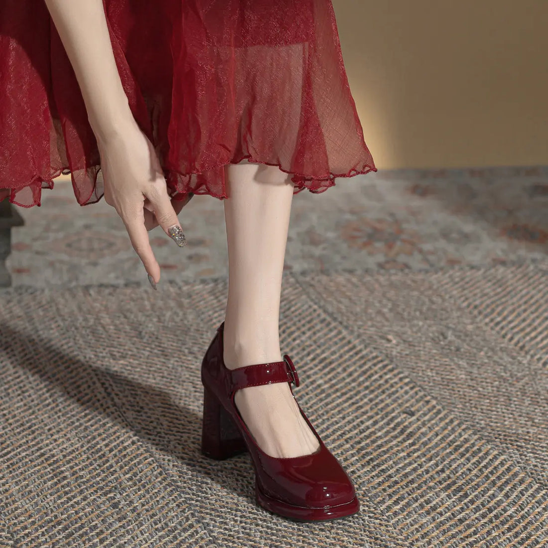 Women's Burgundy Patent Leather Block Heel Pumps with Plaid Strap - Image 9