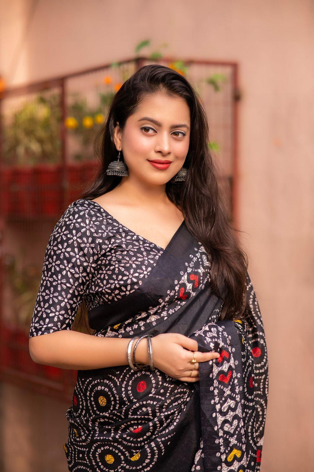 Black Silk Blend Saree with Batik Print and Matching Blouse