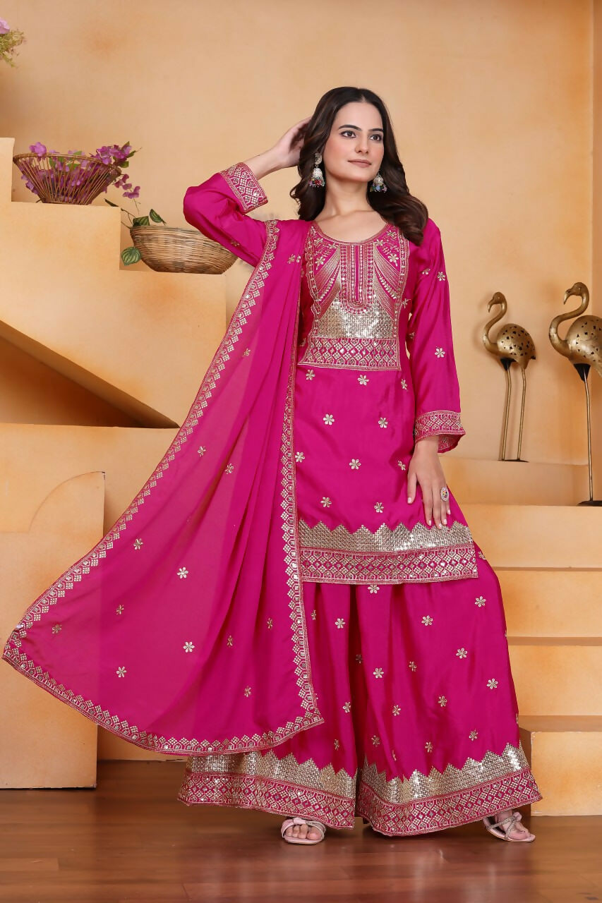 Pink Silk Embroidered Kurti and Sharara Set