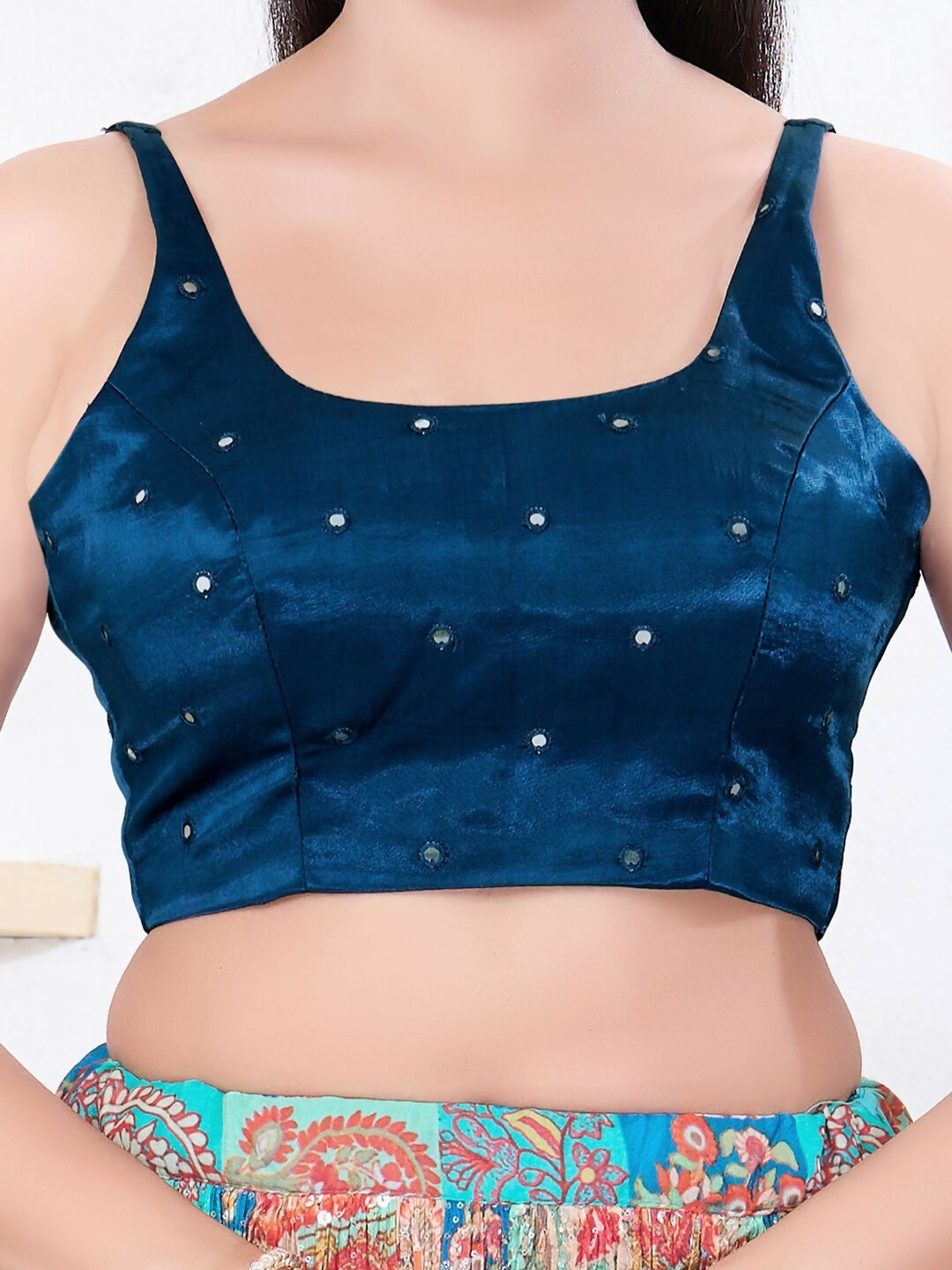 Cobalt-Blue Gajji Silk Sleeveless Square Neck Back Open Blouse