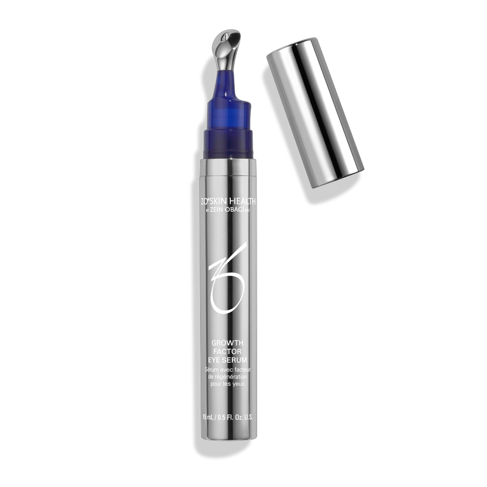 ZO Skin Health Growth Factor Eye Serum in silver and blue packaging, 15 mL bottle.