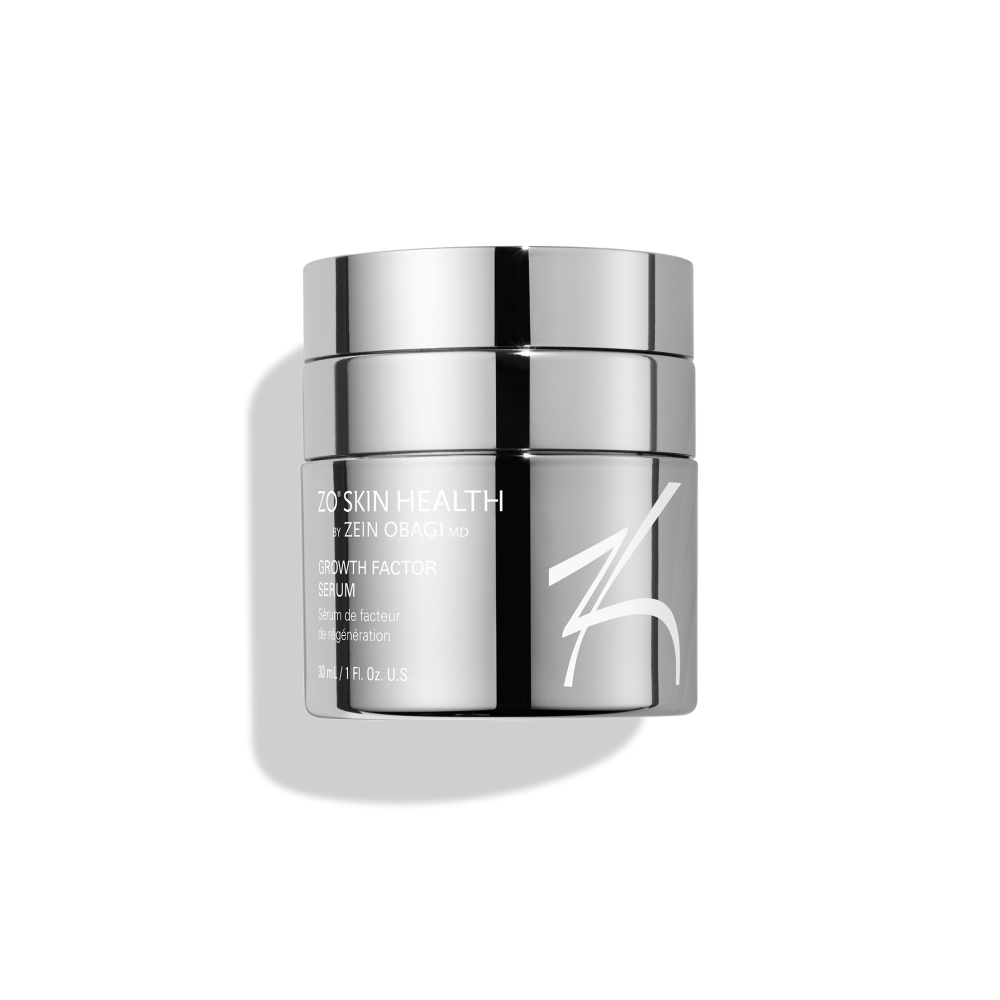 ZO Skin Health Growth Factor Serum in silver packaging, 30 mL container.