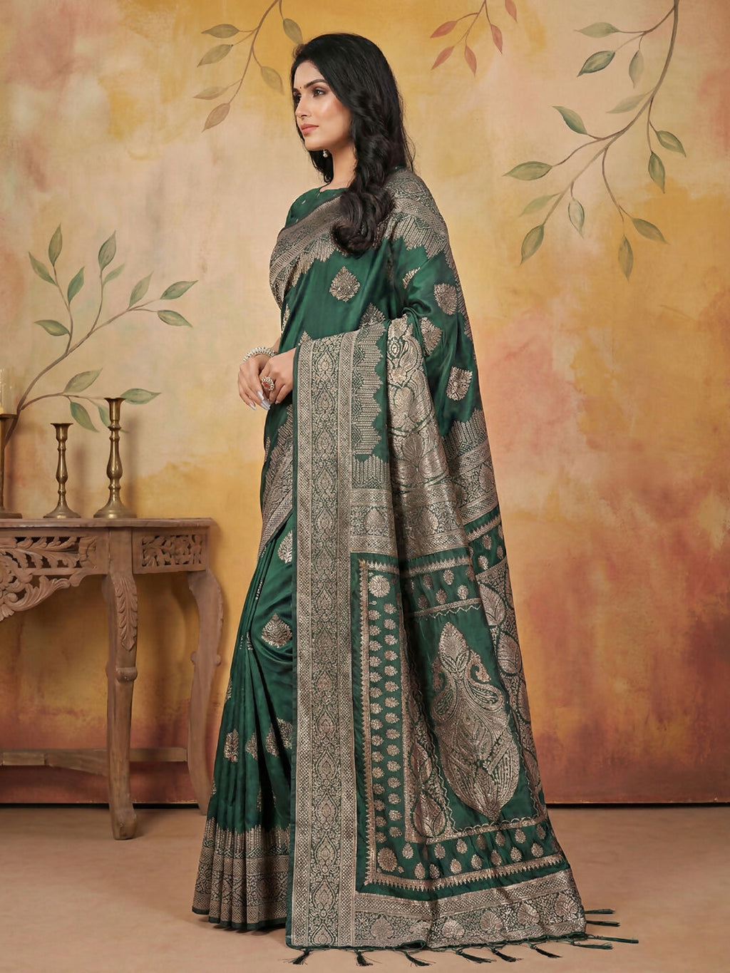 Green Silk Blend Saree with Matching Blouse Piece