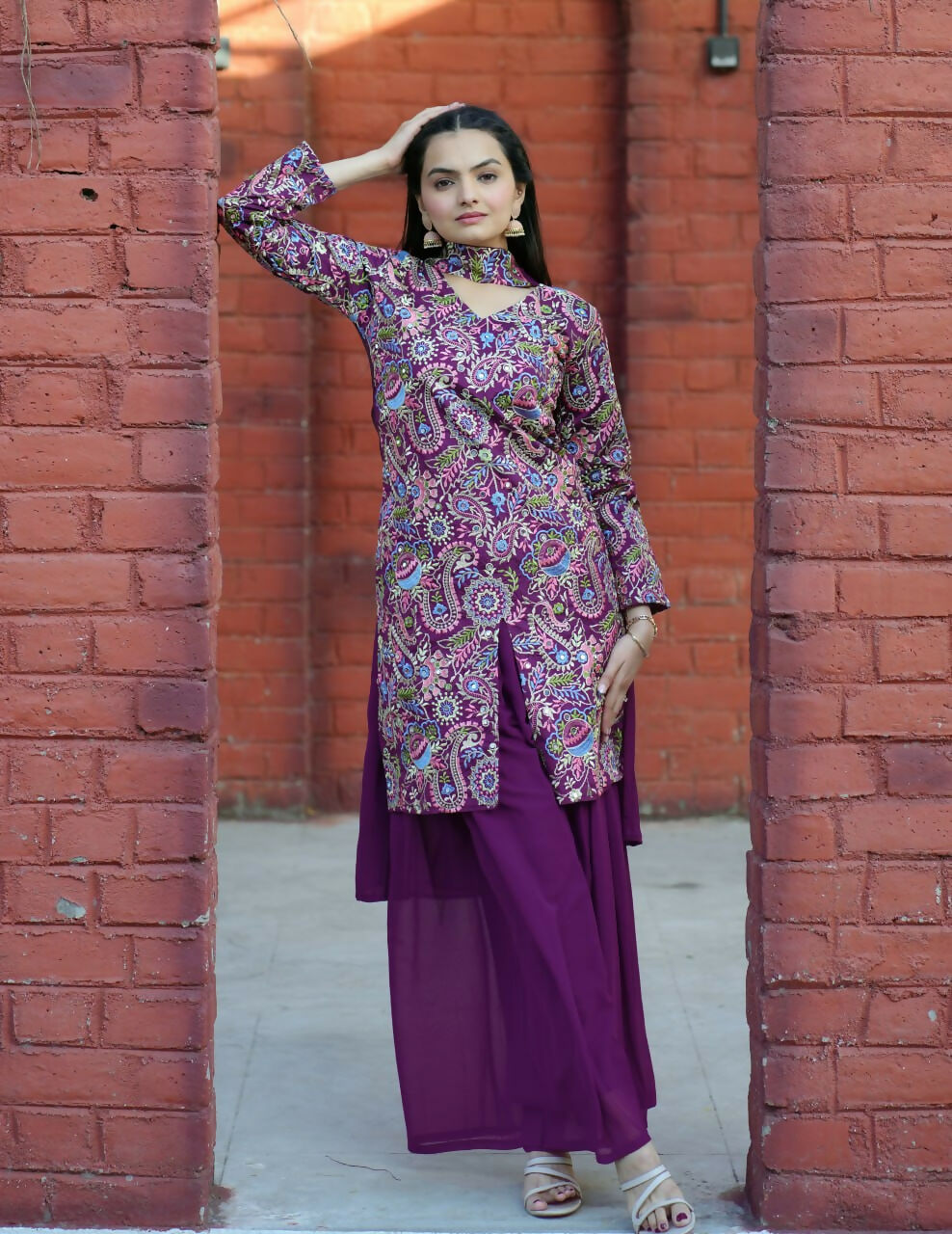 Wine Silk Embroidered Sharara Set with Designer Kurti