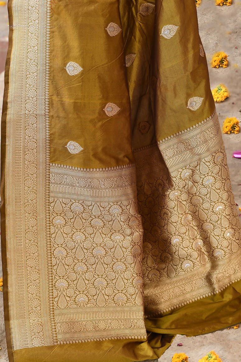 Olive Pure Katan Pure Handloom Banarasi Silk Saree