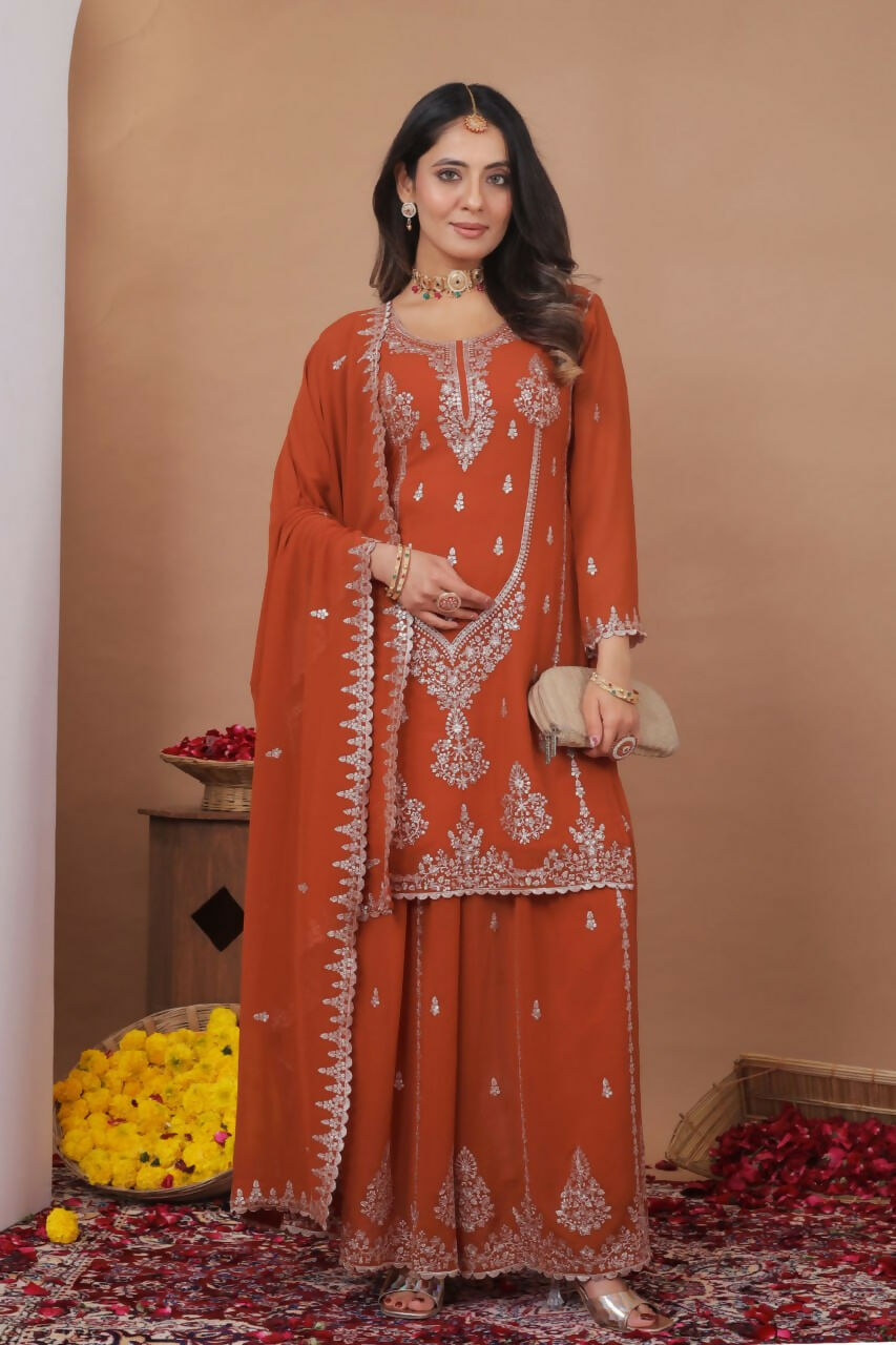 Dark Orange Georgette Embroidered Sharara Set