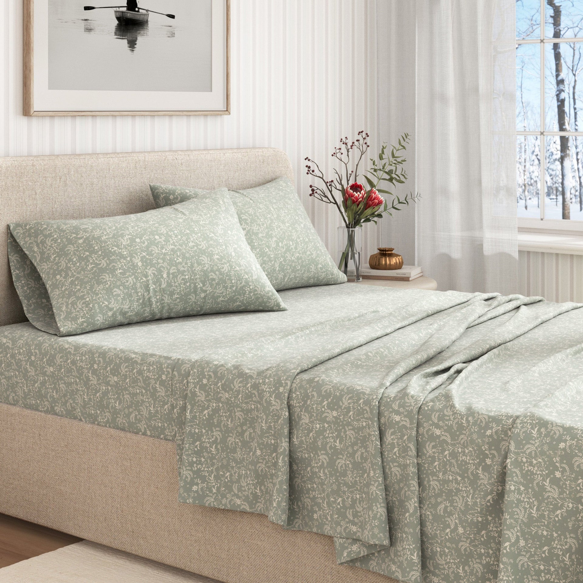 Winter Floral Turkish Cotton Flannel Sheet Set Ultra-Soft - Image 35