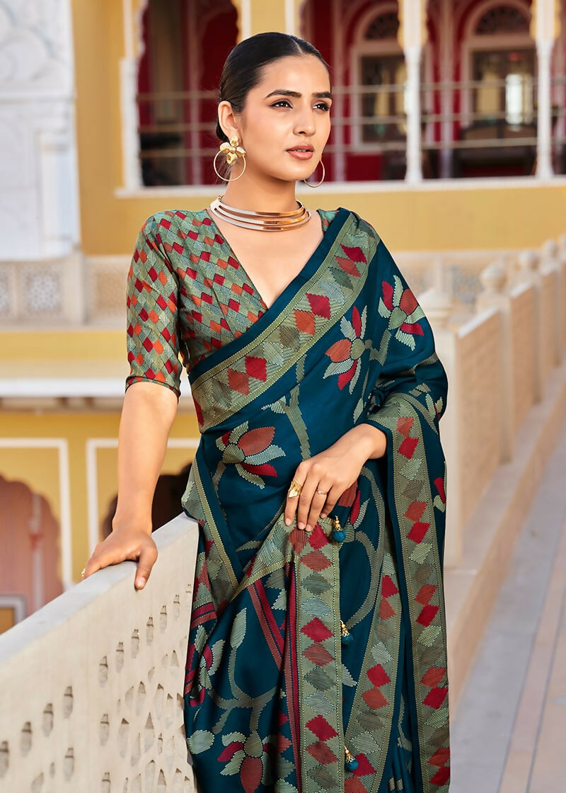 Teal Printed Silk Blend Saree with Elegant Pattern