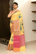 Joban Fashion Yellow Pink Saree Kataan Applick Witch Mirror