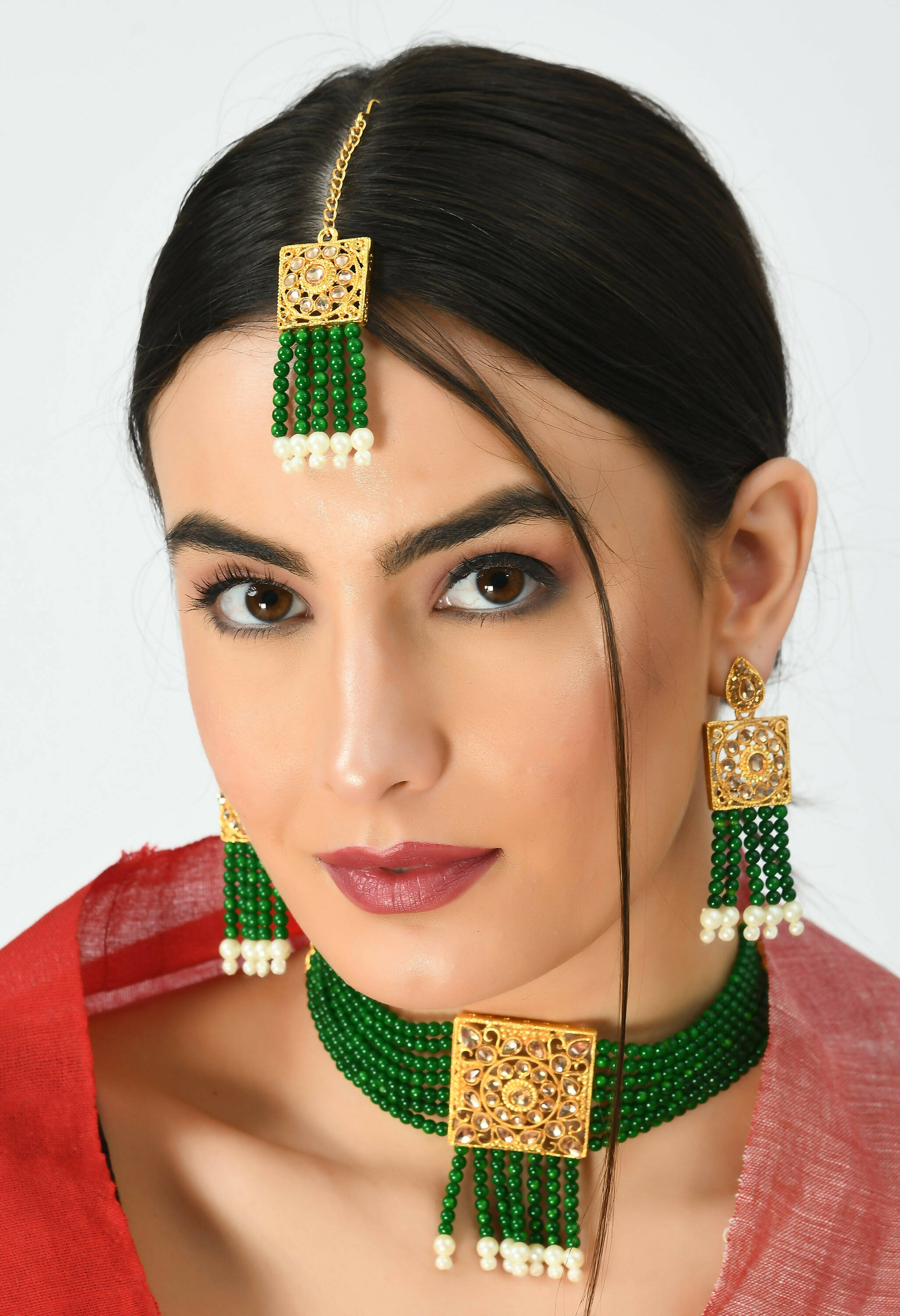 Gold-Polished Kundan & Pearl Choker Necklace Set in Green