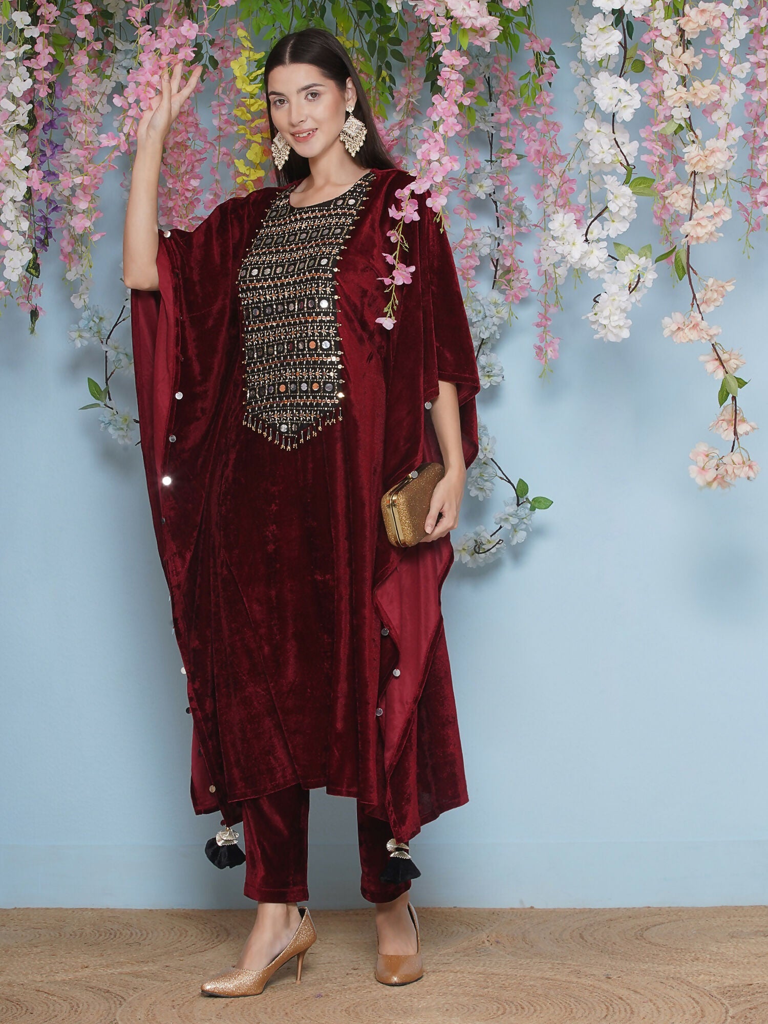 Maroon Velvet Hand Embellished Kaftaan Set - Luxury Ethnic Wear
