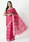 Magenta Bhagalpuri handloom silk saree with all over Buti print and matching unstitched blouse