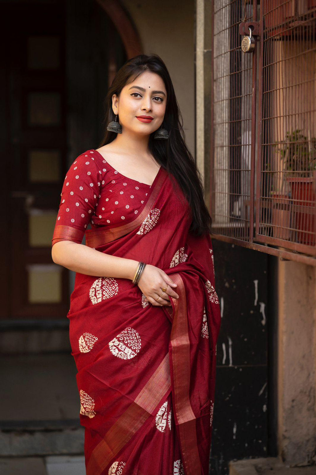 Maroon Cotton Crepe Batik Print Saree with Zari Pattu Border