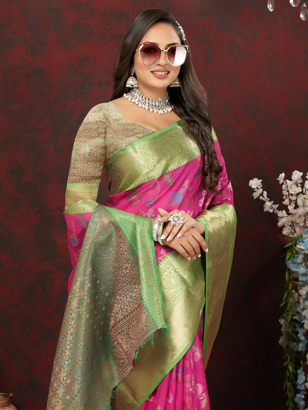 Pink Cotton Saree with Zari Meenakari Woven Design