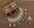 Multicolor Kundan necklace set with gold-plated finish and adjustable cord
