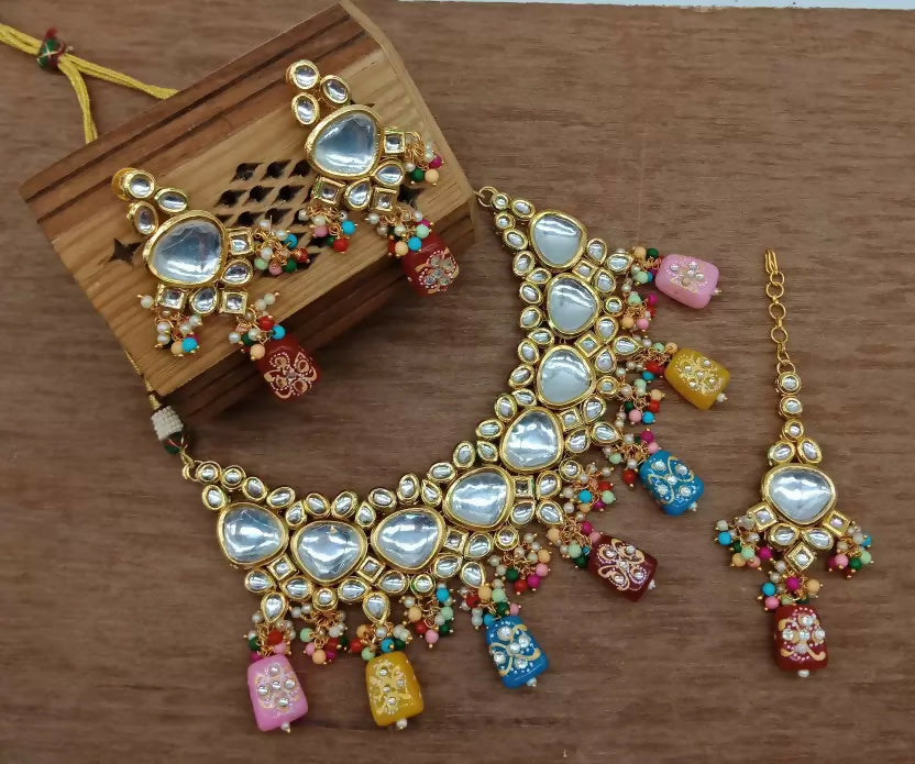 Multicolor Kundan necklace set with gold-plated finish and adjustable cord