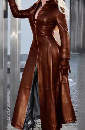 Women's Long PU Leather Jacket with Stand Collar