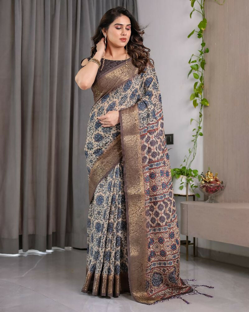Grey Pure Handloom Linen Saree with Matching Blouse