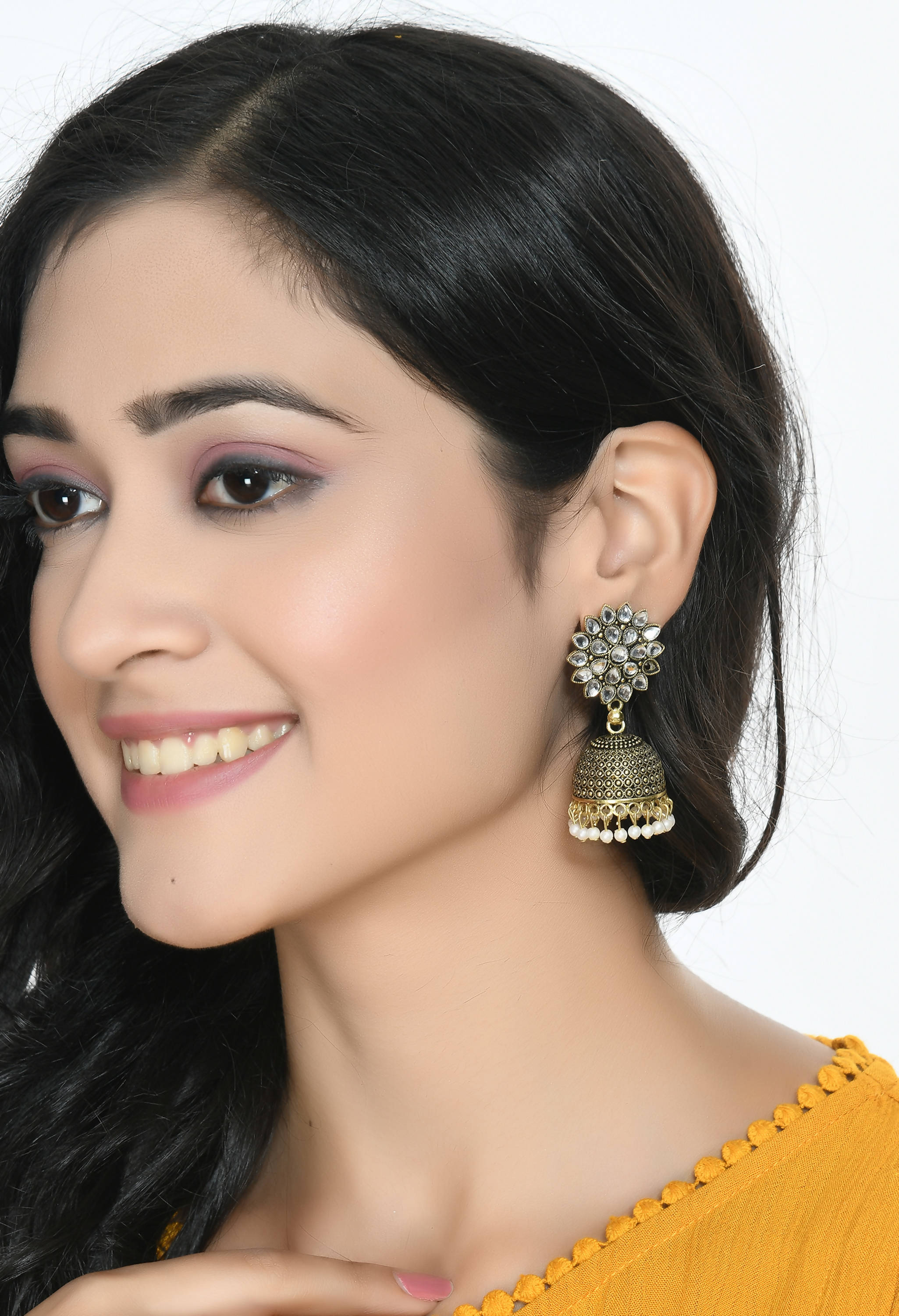 Traditional Kundan Jhumka Earrings with Elegant White Beads