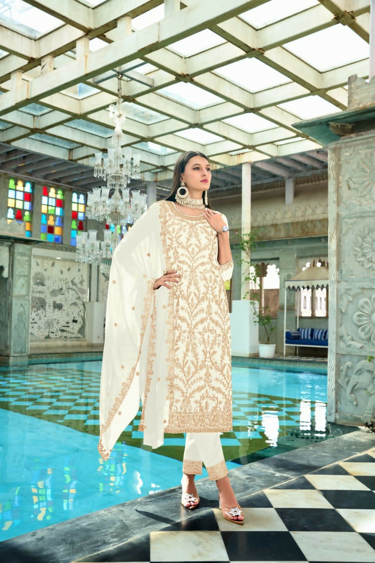 Front view of a white faux georgette kurta featuring heavy embroidery and delicate moti work details.