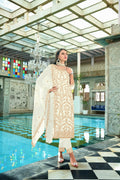 Front view of a white faux georgette kurta featuring heavy embroidery and delicate moti work details.