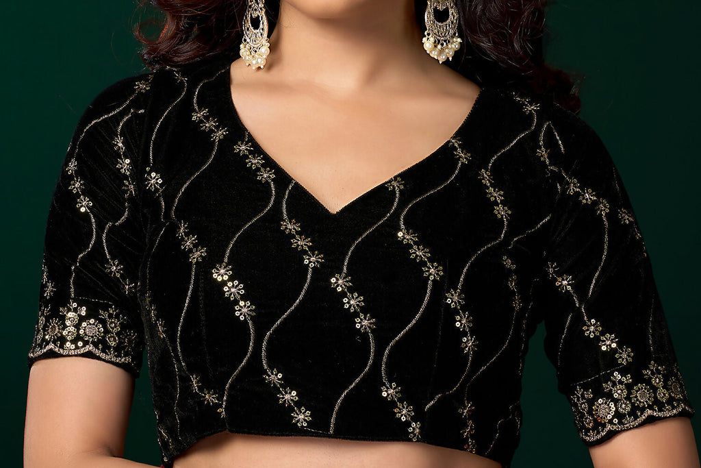 Mehendi Green Net Party Wear Saree with Velvet Blouse
