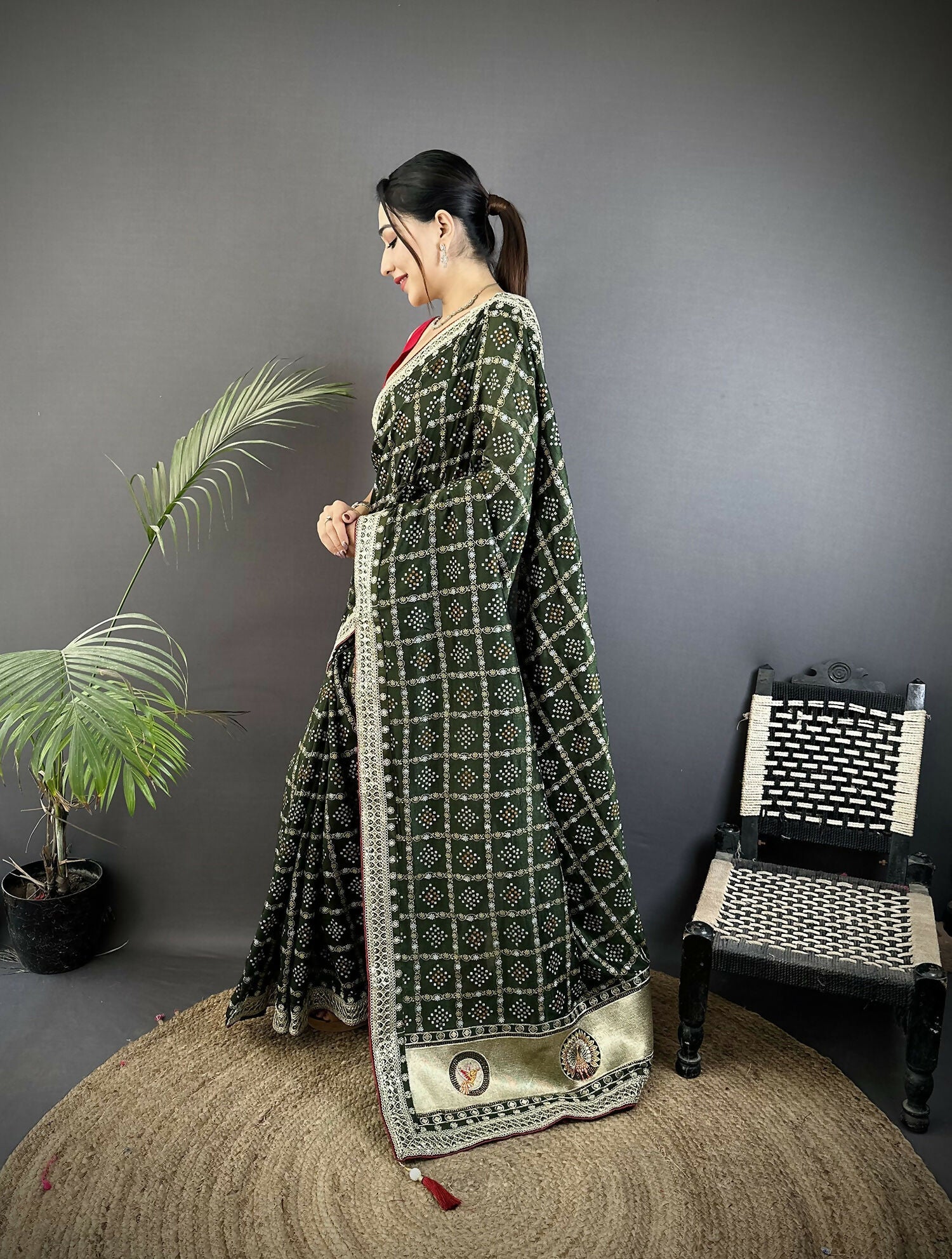 Dark Green Bandhani Vichitra Silk Saree with Traditional Prints