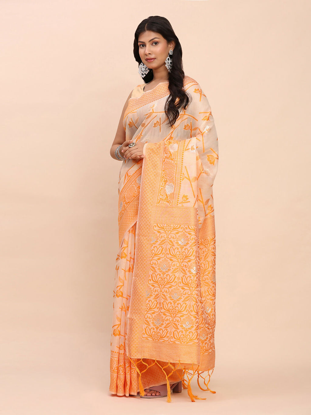 Vibrant Orange Linen Cotton Saree for Daytime Events