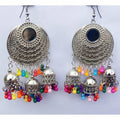 Silver oxidized Jhumka Chandbali earrings with multi-color pearls