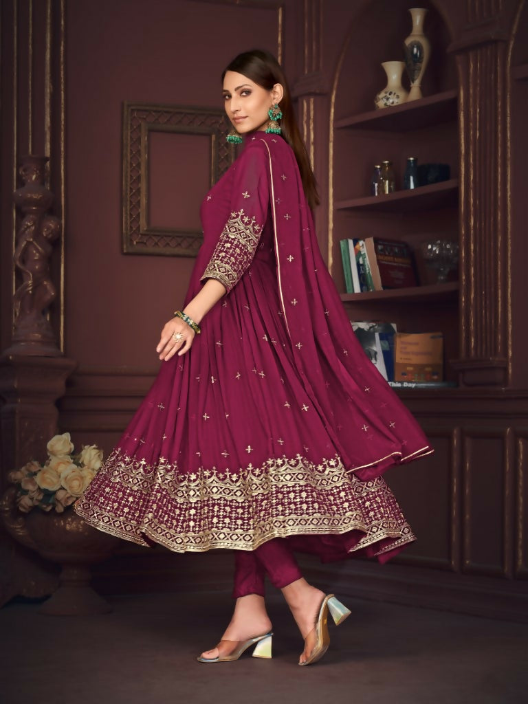Rani Pink Georgette Embroidered Anarkali Kurta Pant Set & Dupatta